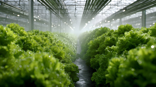 A greenhouse filled with rows of green lettuce being watered by an overhead irrigation system indoors - Powered by Adobe