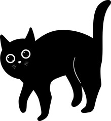 A cartoon black cat with wide eyes walks