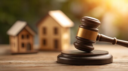Fototapeta premium A judge's gavel sits on a table with model houses in the background, symbolizing real estate law, property auctions, or legal decisions in housing
