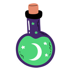 A cartoon bottle of green potion with a moon and stars