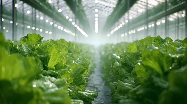 Rows of vibrant green lettuce growing in a greenhouse with bright lights overhead and a misty atmosphere