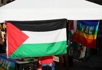 gazebo during a demonstration with a Palestine flag and a colorful PACE flag meaning PEACE