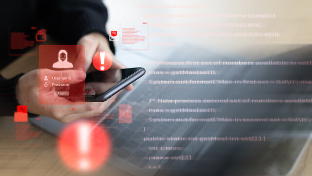 Close-up of smartphone login screen with hacker icon and warning alert, showing cybersecurity breach, password theft, and system vulnerability. Concept of data protection and online threats.