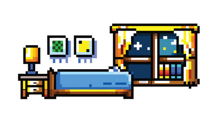 Cozy Bedroom 8-Bit Pixel Art Background. Retro RPG Interior Style
