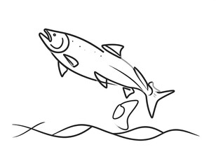 Fototapeta premium Simple black line drawing of a leaping salmon
