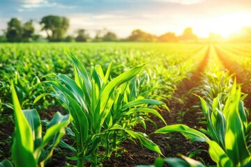 Obraz premium A vibrant green cornfield stretches toward the horizon under a bright, sunny sky, representing growth and the beauty of agriculture