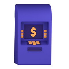 A stylized, 3D rendered representation of a bank ATM, displaying a vibrant purple hue and accented with warm orange details.