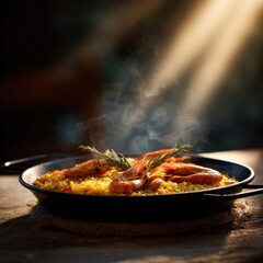 Delicious seafood paella with prawns and rice on a rustic wooden table illuminated by warm sunlight in a cozy dining atmosphere