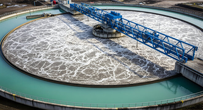 Industrial water treatment plant aeration basin with churning water and machinery