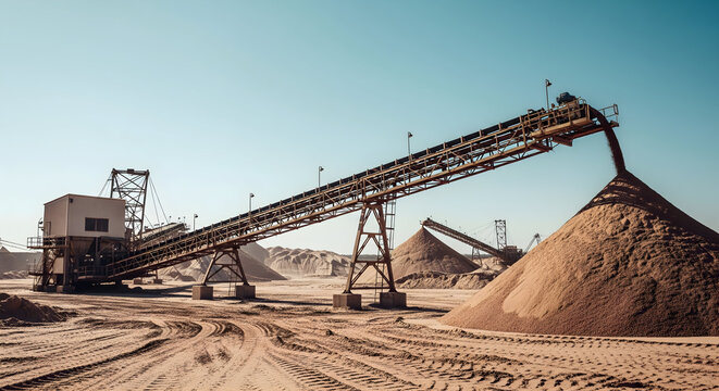 Industrial conveyor belt moving sand at a quarry under clear blue sky
