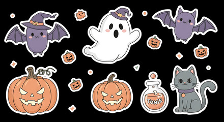 A charming collection of cute and whimsical Halloween-themed stickers featuring friendly ghosts, adorable bats, carved pumpkins, and a potion, perfect for festive designs and children's projects