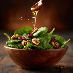 Fresh spinach salad in a wooden bowl with walnuts dried cranberries and honey being drizzled from a spoon on a rustic dark background