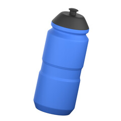 A vibrant blue water bottle with a dark gray cap stands out against a stark black backdrop.