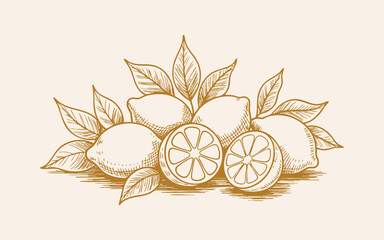 Hand drawn lemons illustration vector, fresh lemon fruits with leaves, citrus fruit illustration vector