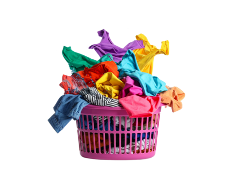 Colorful clothes splashing from basket, water motion, laundry concept, vibrant garments, isolated on white, fresh and clean, dynamic energy.