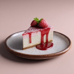 Delicious strawberry cheesecake slice with fresh berries and berry sauce on rustic ceramic plate for dessert or sweet treat presentation