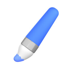 A vibrant, stylized blue paintbrush, angled against a dark background, with a white tip and dripping paint.