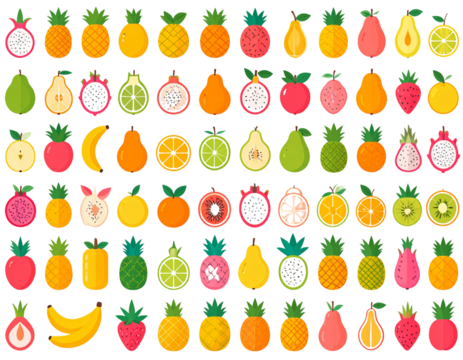 Flat Design Tropical Summer Fruits Icon Set, Bright Pastel Colors, Isolated on White Background