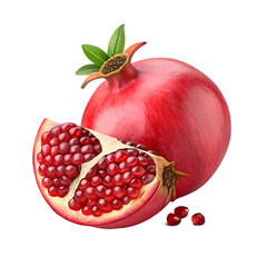 Ripe red pomegranate fruit whole and cut open showing seeds