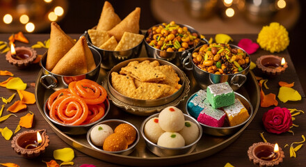 Illustration of a festive platter of indian sweets and snacks for diwali