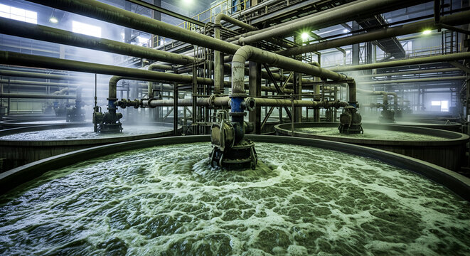 Industrial processing tanks with churning liquid and complex pipe systems