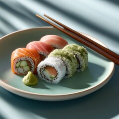 Assorted fresh sushi rolls on a ceramic plate with wasabi and chopsticks set against a soft blue background, perfect for Japanese cuisine and seafood concept