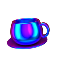 A vibrant, iridescent coffee cup and saucer, rendered in vibrant hues of blue and fuchsia, stands out against a stark black background.