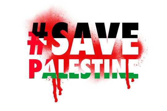 Typography design &ldquo;Save Palestine&rdquo; with red spray paint effect, symbol of hope, justice, and solidarity.