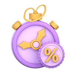 A 3D stopwatch icon, featuring a light purple color palette, displays a discount percentage.