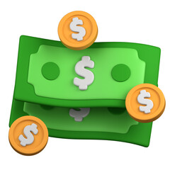 Stack of stylized green money bills with floating orange coins depicting financial prosperity.