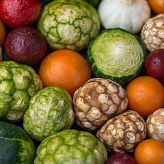 Ultra realistic 8K macro photography of fresh vegetable skin textures highlighting natural color gradients, crisp organic surface patterns, moisture details, professional studio lighting white backdro