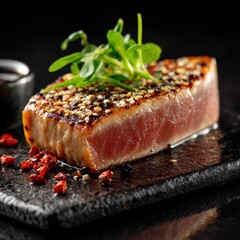 Juicy seared tuna steak with crispy seasoning crust topped with microgreens on black slate board for gourmet seafood meal presentation