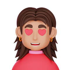 A stylized cartoon character, female, with expressive eyes depicting affection, presented against a black backdrop.