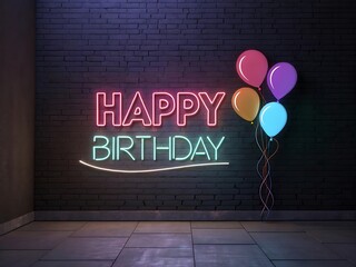 A happy birthday neon sign on a brick wall with balloons in a dark room with tiled floor space
