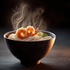 Steaming bowl of Asian noodle soup with shrimp and crispy breading garnished with chopped green onions and fresh herbs in a dark rustic setting