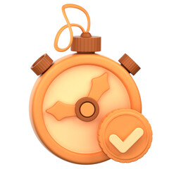 A stylized stopwatch with a checkmark, rendered in warm peach and brown tones, displays a sense of accomplishment and precise timing.