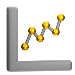 A graphic depiction of an upward trending line graph, composed of interconnected golden spheres on gray connecting rods, against a stark black background.