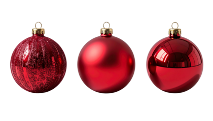 Three solid red Christmas ornament variations isolated on transparent background