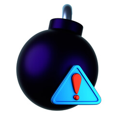 Obraz premium A glossy, dark purple bomb with a bright blue warning sign and a red exclamation mark is highlighted against a black background.