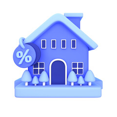 A stylized, 3D model of a light-purple home with a discount symbol, ideal for real estate or discount promotions.