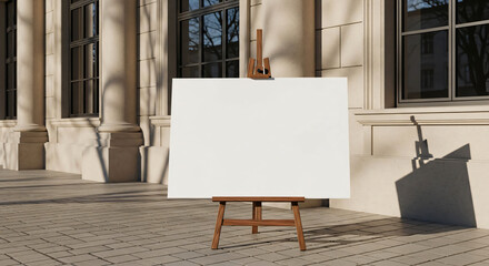 Blank Canvas on Easel Outside Classical Building Empty Space for Art Design Presentation or Advertising Concepts