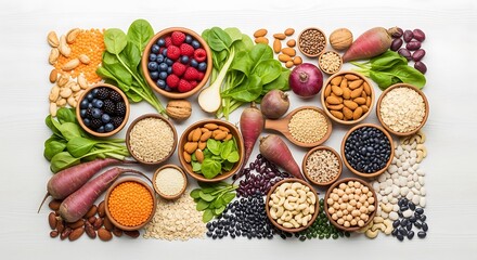 Vibrant assortment of plant based whole foods and superfoods.