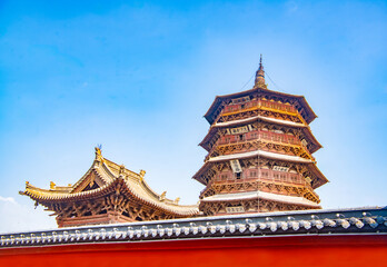 Naklejka premium Beautiful scenery of the Wooden Pagoda in Ying County, Shuozhou City, Shanxi Province on a sunny day