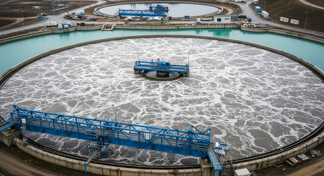 Industrial water treatment plant with circular clarifier and churning water
