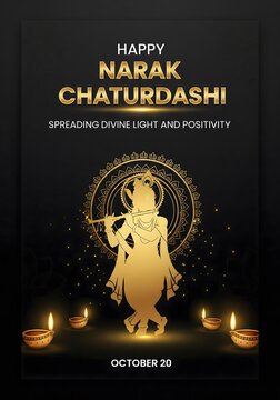 Golden lord krishna silhouette celebrating narak chaturdashi with diyas and mandala