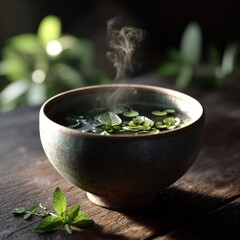 Warm steaming herbal tea in a rustic ceramic bowl with floating green leaves on a wooden table with blurred greenery in background perfect for wellness relaxation