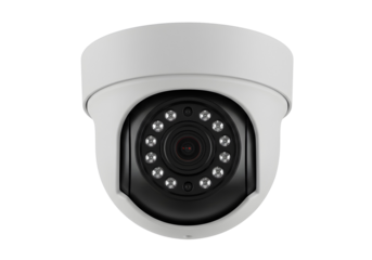 Close-up view of a modern white security camera with infrared LEDs for surveillance