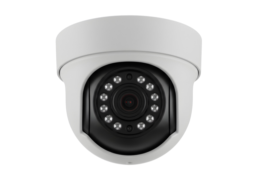Close-up view of a modern white security camera with infrared LEDs for surveillance