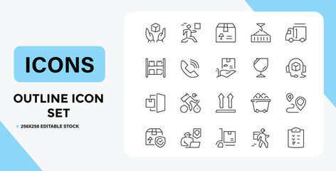 Outline icon set depicting logistics delivery and supply chain management concepts