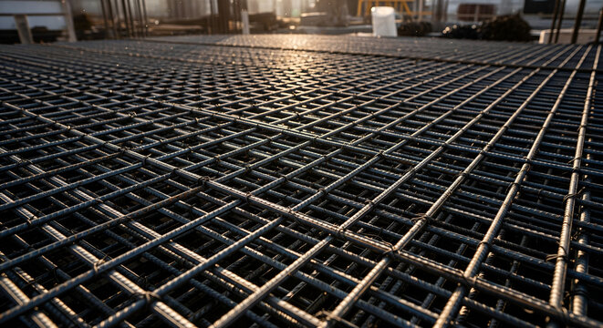 Steel rebar grid for concrete foundation construction at sunrise